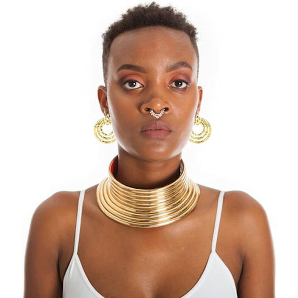 African Jewelry Set Gold Tone Tribal Costume Accessories Necklace Bracelets Earr - Picture 5 of 8